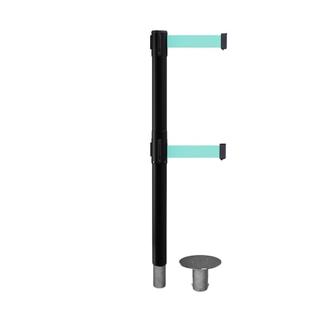Montour Line Stanchion Dual Belt Bar.Removable Base Black Post 9ft.Lt Grn Belt P400DR-BK-LGN-90